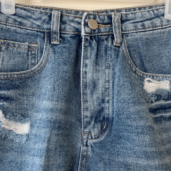 Blue Distressed Jean Shorts with Frayed Hem - Picture 2 of 5